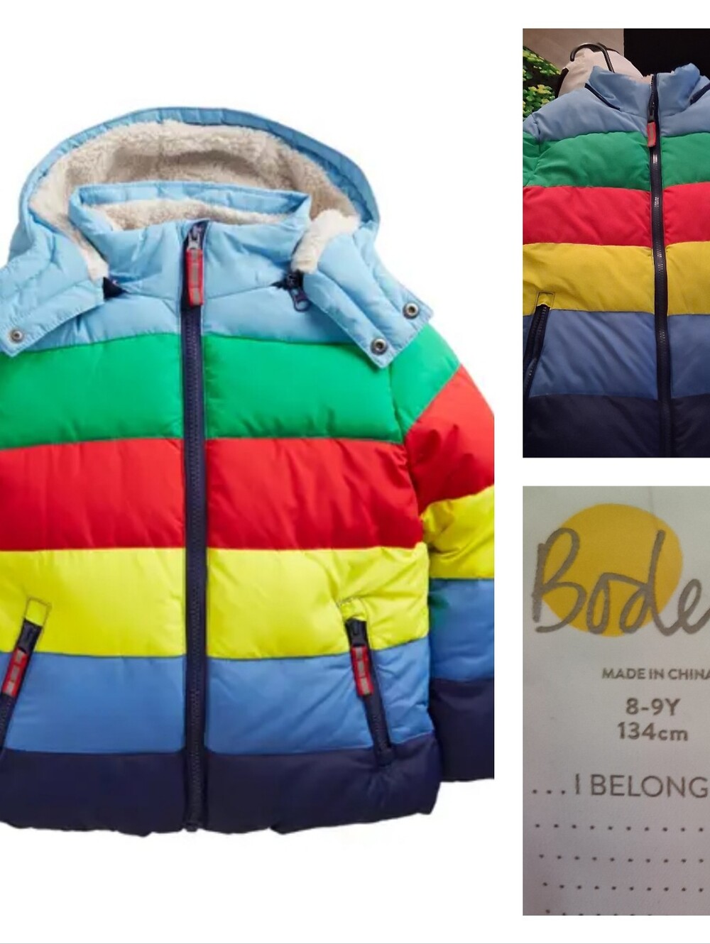 Mini Boden Kids' Stripe Waterproof Puffer Jacket in Multi Rainbow
